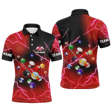 FUNSTUFFPRINT Personalized Billiard Balls Thunder Lightning Red Version Custom Name Polo Shirt Size S-5XL