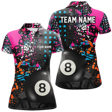 Custom Personalized 8 Ball Pool Grunge Colorful Women Billiard Polo Shirts, Custom Billiards Pool Shirts