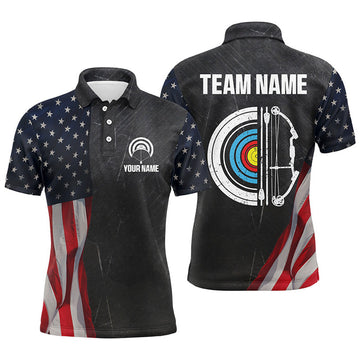 Personalized Retro US Flag Archery Polo Shirts For Men Custom Patriotic Archery Jersey For Archer