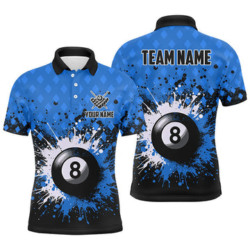 FUNSTUFFPRINT Personalized Blue Grunge 8 Ball Pool Men Billiards Polo Shirt Size S-5XL