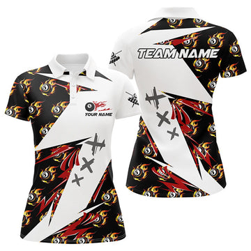 Custom Personalized Billiard 8 Ball Fire Flame Pattern Women Polo Shirts Custom Team Name Billiard Jersey