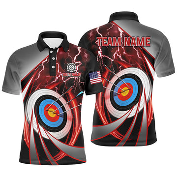 Custom Red Archery 3d Target Thunder Lightning Personalized Men Polo Shirts, Team League Archery Shirts