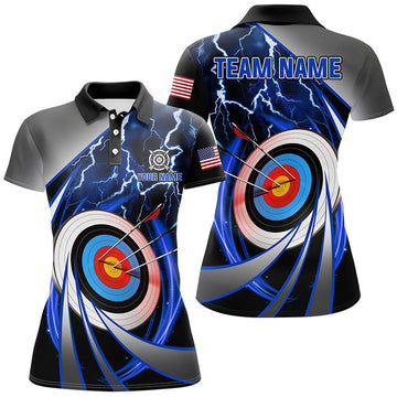 Custom Blue Archery 3d Target Thunder Lightning Personalized Women Polo Shirts, Team League Archery Shirts