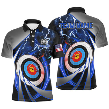 Custom Blue Archery 3d Target Thunder Lightning Personalized Men Polo Shirts, Team League Archery Shirts