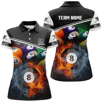 Custom Billiard 8 Ball In Fire And Water 3D Black Polo Shirts For Women, Gifts For Billiard Player