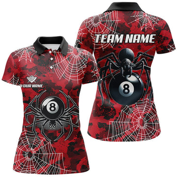 Custom Red Camo Billiard Spider Cobweb Custom Women Polo Shirts, Unique 8 Ball Pool Jerseys