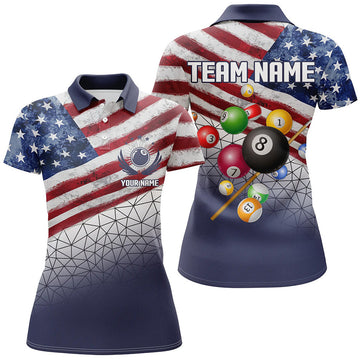 Customized US Flag 3D Billiard Balls Women Polo Shirt, Patriotic Billiard Jersey Attire