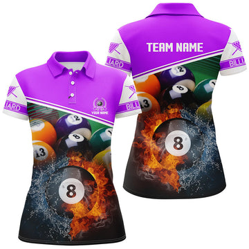Custom Name Billiard 8 Ball In Fire And Water 3D Polo Shirts For Women, Gifts For Billiard Player