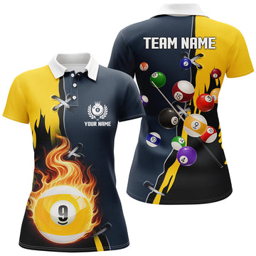 Custom Personalized Yellow Navy 9 Ball Pool Jerseys Women Polo Shirts Custom Unique Billiard Balls Shirts