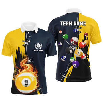 Personalized Yellow Navy 9 Ball Pool Jerseys Men Polo Shirts Custom Unique Billiard Balls Shirts
