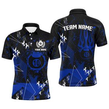FUNSTUFFPRINT Personalized Blue Grunge 10 Ball Billiard Men Polo Shirts, Custom Billiard Jersey For Pool Player Polo Shirt Size S-5XL