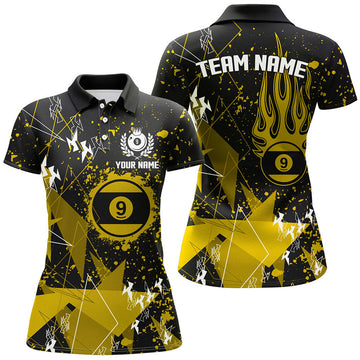 Custom Personalized Yellow Grunge 9 Ball Billiard Women Polo Shirts, Custom Billiard Jersey For Pool Player