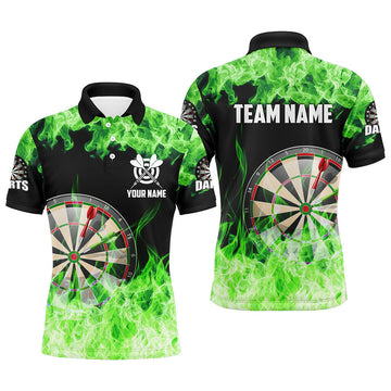 Custom Green Fire Flame Dartboard Men Darts Polo Shirts Custom Darts Shirts For Team Dart Jerseys