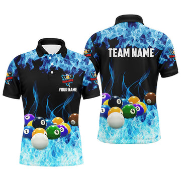 FUNSTUFFPRINT Billiard Balls On Blue Smoke Personalized Name Men's Billiard Shirts Custom Polo Shirt Size S-5XL