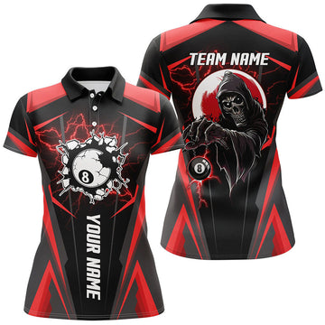 Custom Personalized Red Billiard Grim Reaper Women Polo Shirts, Custom Team League Billiard Jerseys Shirts