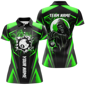 Custom Personalized Green Billiard Grim Reaper Women Polo Shirts, Custom Team League Billiard Jerseys Shirts