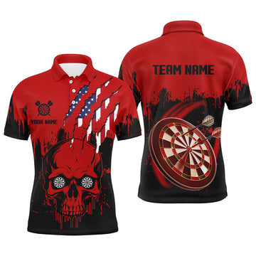 FUNSTUFFPRINT Black Red Dart Skull US Flag Men Darts Polo Shirts Custom Patriotic Darts Polo Shirt Size S-5XL