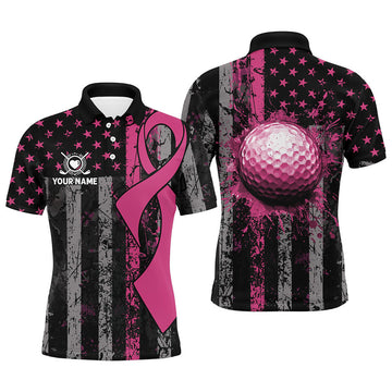 FUNSTUFFPRINT Pink Ribbons Cancer Awareness Mens Golf Polo Shirts, Custom Patriotic US Flag Golf Gifts Polo Shirt Size S-5XL