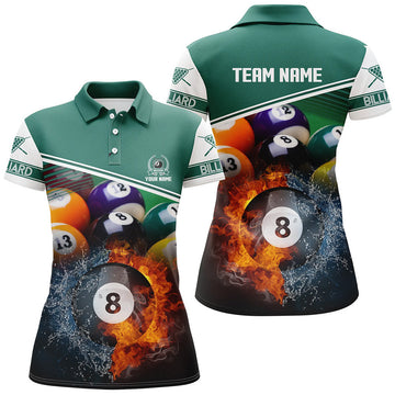Custom Name Billiard 8 Ball In Fire And Water 3D Polo Shirts For Women, Gifts For Billiard Player