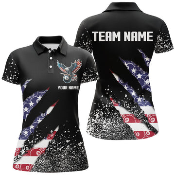 Custom Ball 8 US Flag Black Grunge Women Billiard Polo Shirt Best Billiard Team