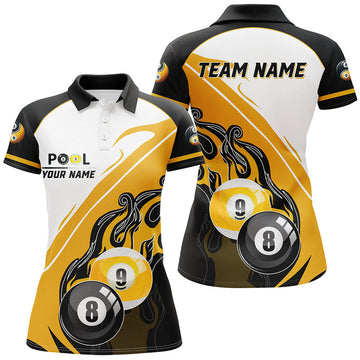 Custom Personalized Black Yellow Billiard 8 Ball & 9 Ball Pool Women Polo Shirts, Billiard Attire Jerseys