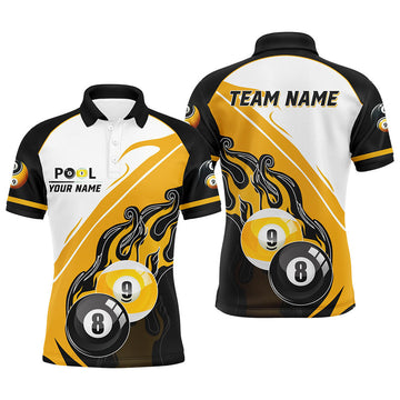 FUNSTUFFPRINT Personalized Black Yellow Billiard 8 Ball & 9 Ball Pool Men Polo Shirts, Billiard Attire Polo Shirt Size S-5XL