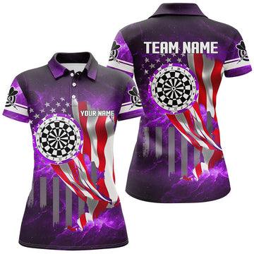 Custom US Flag Dartboard Purple Galaxy Women Polo Shirts Custom Patriotic Darts League Jerseys