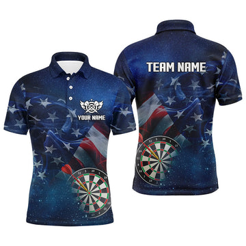 FUNSTUFFPRINT American Flag Universe Patriotic Custom Men Dart Polo Shirts, Personalized Darts Gift For Player Polo Shirt Size S-5XL