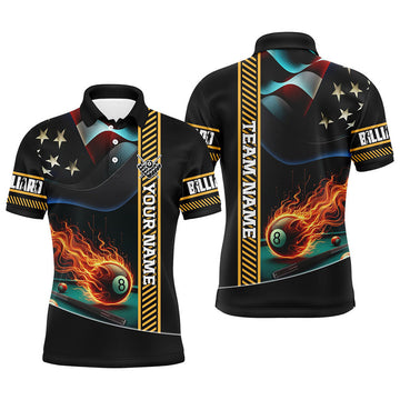 Personalized American Flag Flaming 8 Ball Pool Men Polo Shirts, Patriotic Billiard Attire Jerseys
