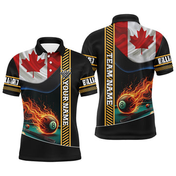 Personalized Canada Flag Flaming 8 Ball Pool Men Polo Shirts, Patriotic Billiard Attire Jerseys
