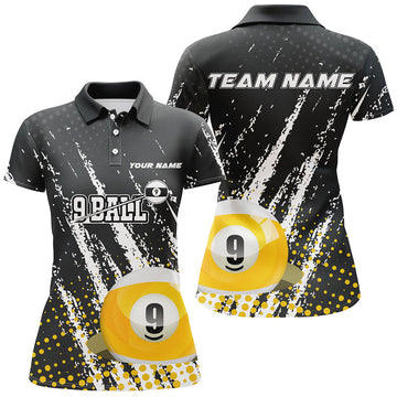 Custom Grunge 9 Ball Pool Sport Jerseys Customized Women Billiard Polo Shirts, 9 Ball Billiards Team Jerseys