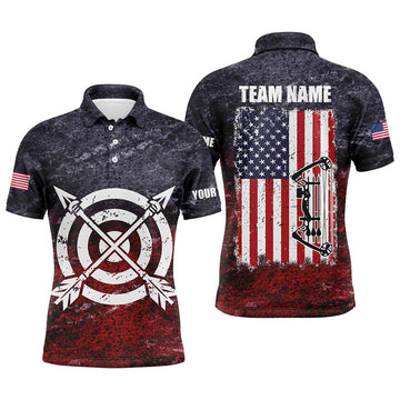 FUNSTUFFPRINT Personalized Retro USA Flag Men Archery Polo Shirts, Patriotic US Archery Jerseys For Team Archer Polo Shirt Size S-5XL
