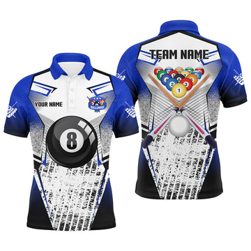 FUNSTUFFPRINT Personalized Billiard Balls And Cue Blue Grunge Style Men Polo Shirts Custom Billiard Polo Shirt Size S-5XL