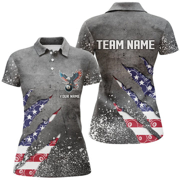 Customized Ball 8 US Flag Grey Grunge Billiard Polo Shirts For Women Best Billiard Team Jersey