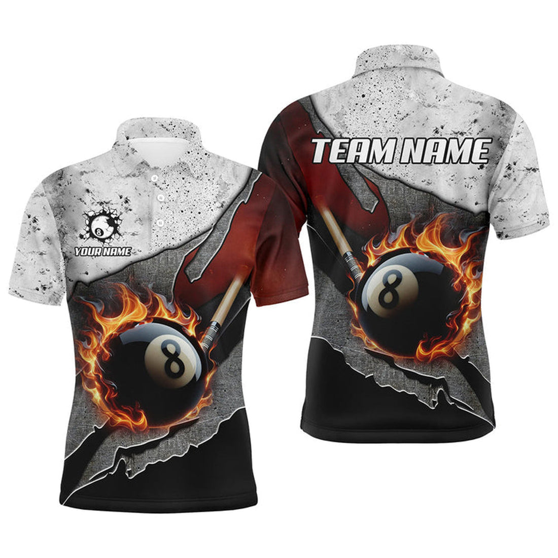 Personalized Billiard Grey Grunge Fire 8 Ball Pool Cue Customized Name, Team Name 3D Polo Shirt For Men