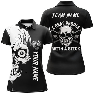 Custom White Skull Billiard I Beat People With A Stick Personalized Name Polo Shirts For Women