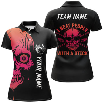 Custom Pink Skull Billiard I Beat People With A Stick Personalized Name Polo Shirts For Women