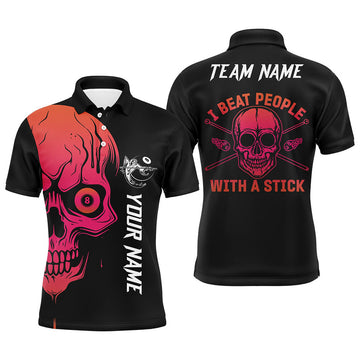 FUNSTUFFPRINT Custom Pink Skull Billiard I Beat People With A Stick Personalized Name Polo Shirt Size S-5XL