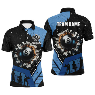 FUNSTUFFPRINT Personalized Blue Funny 8 Ball Pool Crack Men Polo Shirts Custom Team League Billiard Polo Shirt Size S-5XL