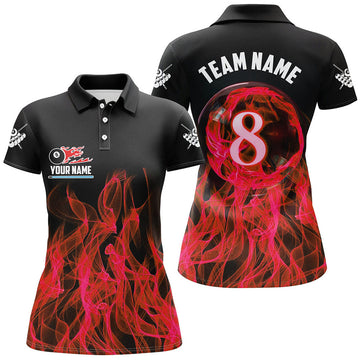 Custom Red Flaming 8 Ball Pool Custom Women Billiard Polo & Shirts, 3D Pool Player Shirts Jerseys