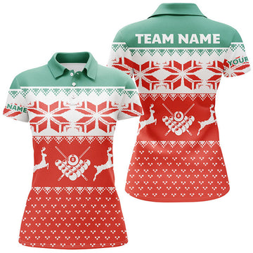 Custom Personalized Red Women Christmas Shirts Custom Full Printing Funny Billiard Christmas Polo Shirts