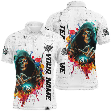 Custom Billiard Skeleton Colorful Grunge Style Personalized Men Polo Shirts, Best Billiard Attire Design