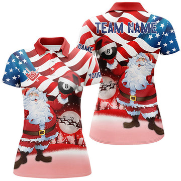 Custom Santa Holding Billiard 8 Ball Custom Name USA Flag Women Polo Shirts Best Christmas Shirt Idea Gifts