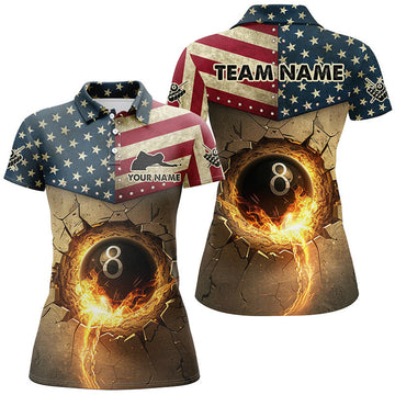 Custom Personalized Vintage US Flag 8 Ball Pool Burning Billiard Shirts For Women, Patriotic Billiard Jersey