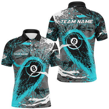 Custom Billiard Multicolor Turquoise Grunge Stains 8 Ball Pool Customized Name, Team Name 3D Polo Shirt