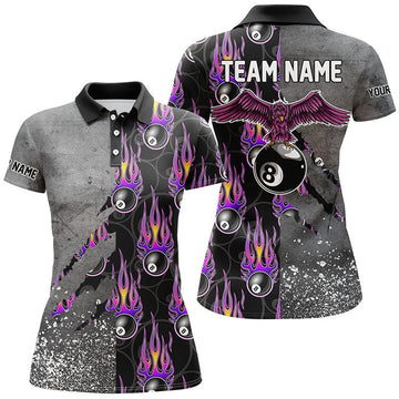 Custom Ball 8 Flame Grey Grunge Billiard Polo Shirts For Women, Best Billiard Team Shirts