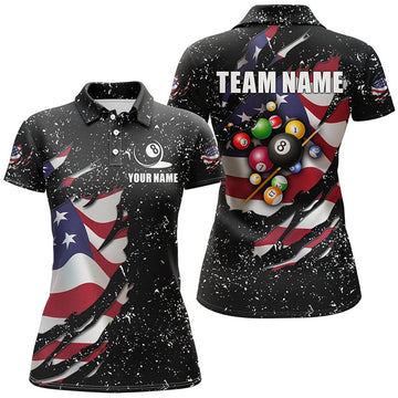 Custom Grunge US Flag 3D Billiard Balls Polo Shirts For Women Custom Patriotic Billiard Jerseys Attire