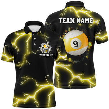 Personalized Yellow 9 Ball Pool Thunder Lightning Men Polo Shirts Custom Billiards Team Shirts