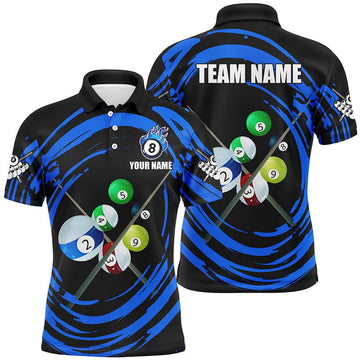 Personalized Blue Billiard Balls & Cue Wave Pattern Men Polo Shirts Custom Billiard Jerseys Attire