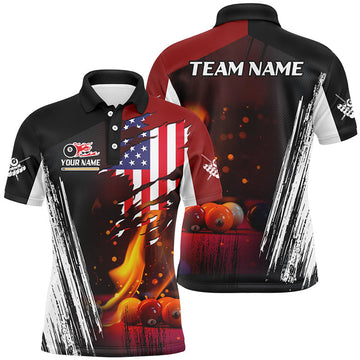 FUNSTUFFPRINT Patriotic US Flag Billiard Balls Fire Flame Custom Billiard Men Polo Shirts, Billiard Team Polo Shirt Size S-5XL